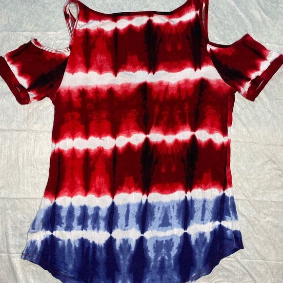 Rock & Republic T-Shirt Cold Shoulder Scoop Neck Tie Dye Patriotic Womens Size S - Picture 2 of 8